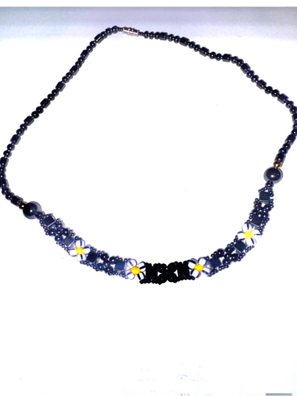 Hematite Black Beaded Daisy Necklace - 17 in
